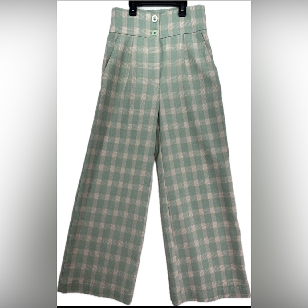 Nasty Gal Mint Green and Cream Gingham Wide Leg Pants